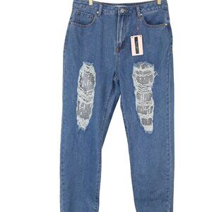 Denim Blvd Los Angeles Blue Jeans Boyfriend sequin lace distressed Size L (NWT)